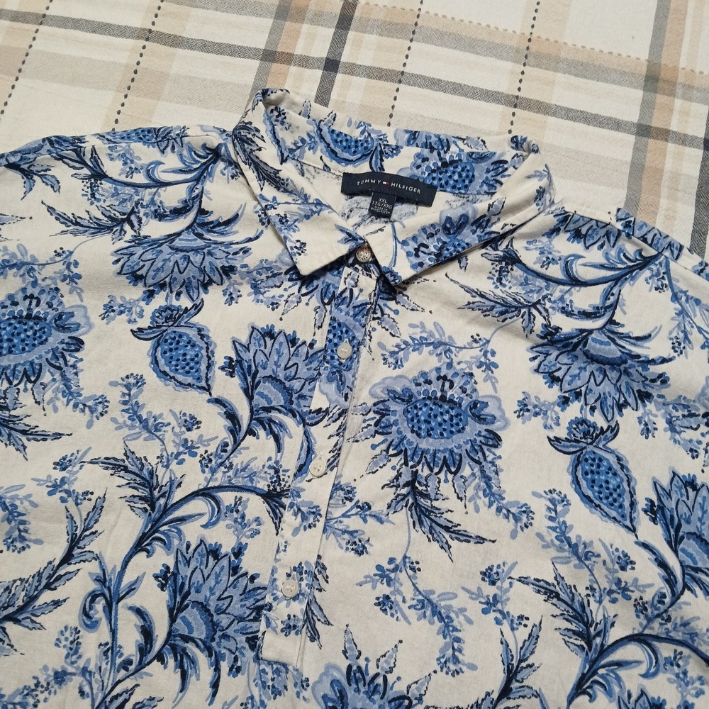 Tommy Hilfiger Men's 2XL White Blue Hawaiian Linen Blend Short Sleeve Polo Shirt